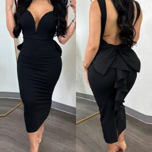 Plunge Ruffle Hem Backless Party Dress, Party Dresses, chicme - Women's Fashion Online