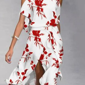 Floral Casual Halter Short Sleeve Dress, Midi, color:White|size:XXL, Noracora