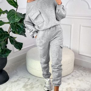 Round Neck Pocket Design Sweatshirt & Cuffed Sweatpants Set, Two-piece Sets, chicme - Women's Fashion Online