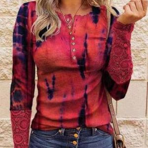 Casual Tie Dye Crew Neck Long Sleeve & Top, Blouses, color:Red|size:3XL, Noracora