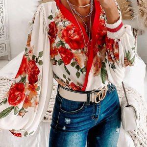 Romantic Floral Loosen Long Sleeve Top, Blouses and Shirts, color:Red|size:XXL, Stylewe