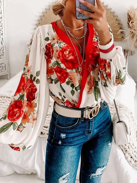 Romantic Floral Loosen Long Sleeve Top, Blouses and Shirts, color:Red|size:XXL, Stylewe
