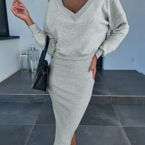 V-Neck Long Sleeve Top & Sleeveless Dress Set, Two-piece Sets, chicme - Women's Fashion Online
