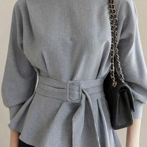 Daily Plain Urban Sash Crew Neck Shirt, Blouses and Shirts, color:Gray|size:XXL, Stylewe