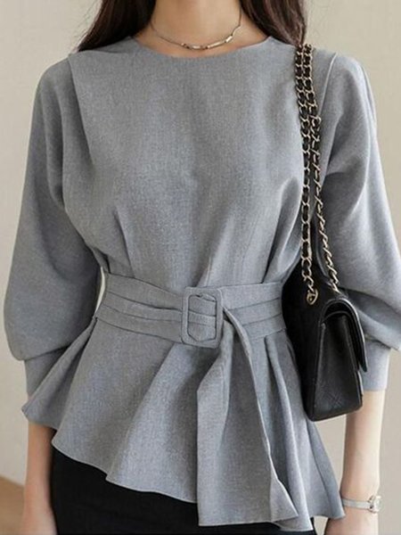 Daily Plain Urban Sash Crew Neck Shirt, Blouses and Shirts, color:Gray|size:XXL, Stylewe