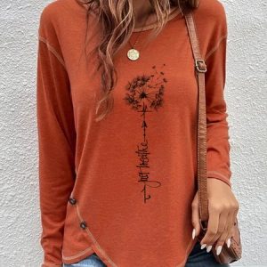 Loose Dandelion Printed Casual Jersey Tunic T-Shirt, T-shirts, color:Orange|size:XXL, catalog Noracora shop