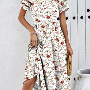 Women Floral V Neck Short Sleeve Comfy Casual Midi Dress, Vacation Dresses, color:White|size:XXL, Noracora