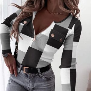 Geometric Print Zipper Design Long Sleeve Ribbed Top, T-shirt & Tees, chicme - Women's Fashion Online