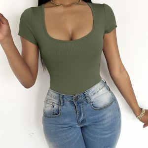 Square Neck Short Sleeve Ribbed Bodysuit, Bodysuit, chicme - Women's Fashion Online
