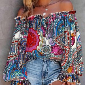 Tribal Print Off Shoulder Lantern Sleeve Top, Blouses & Shirts, chicme - Women's Fashion Online