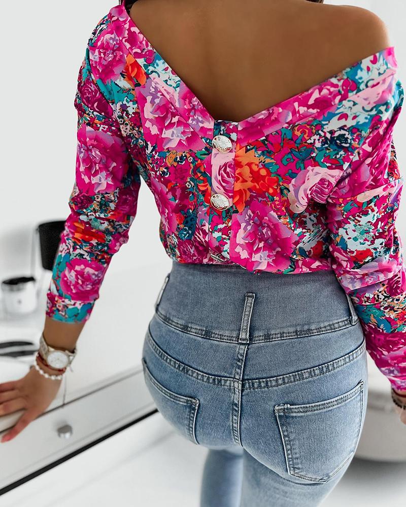 Floral Print Buttoned Backless Top, T-shirt & Tees, chicme - Women's Fashion Online