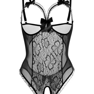 Bowknot Open Crotch Floral Lace Crotchless Teddies, Teddies, chicme - Women's Fashion Online