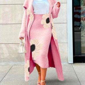 Elegant Floral Shawl Collar Loose Cardigan, Cardigans, color:Pink|size:XXL, Stylewe
