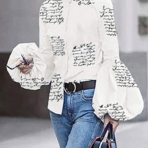 Stand Collar Vintage Letter Top, Blouses and Shirts, color:White|size:XL, Stylewe