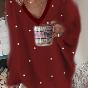 V Neck Casual Plain Pearl Fuzzy Tunic Sweater Knit Jumper, Sweaters, color:Wine Red|size:XXL, Noracora