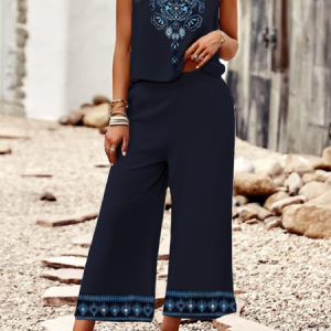 Women Ethnic V Neck Sleeveless Comfy Casual Top With Pants Two-Piece Set, Sets, color:Purplish blue|size:XXL, Noracora