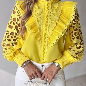 Contrast Lace Hollow Out Ruffles Top, Blouses & Shirts, chicme - Women's Fashion Online