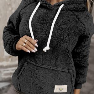 Pocket Design Drawstring Teddy Hoodie, Sweats & Hoodies, chicme - Women's Fashion Online