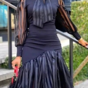 Medium Elasticity Elegant Tight Stand Collar Long Sleeve Plain Midi Dress, Mini Dresses, color:Black|size:XXL, Stylewe