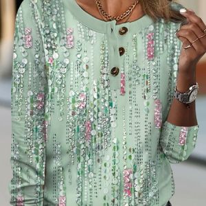 Casual Floral Buckle Loose T-Shirt, Long sleeves, Lilicloth.com