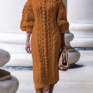 Urban Regular Fit Turtleneck Sweater Dress, Midi Dresses, color:Mustard|size:XXL, Stylewe