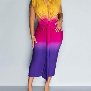 Ombre Colorblock Ruched Midi Dress, Midi Dresses, chicme - Women's Fashion Online