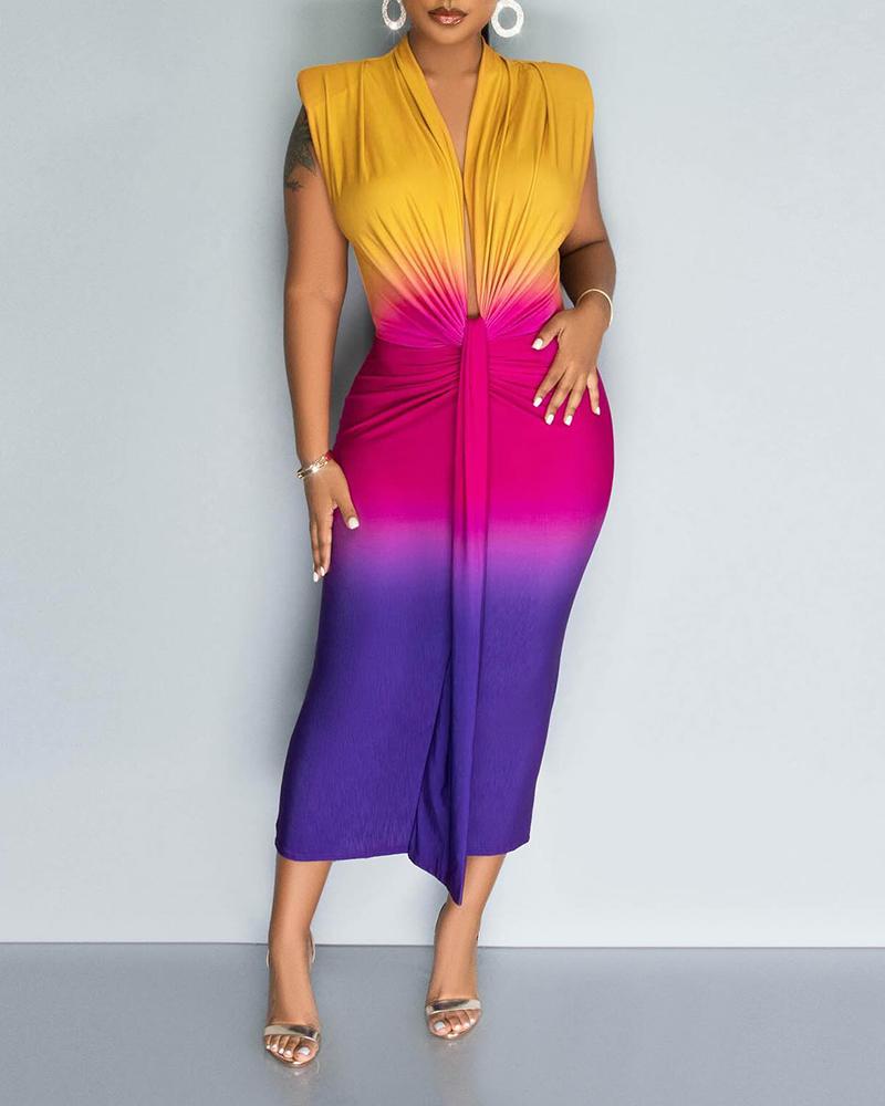 Ombre Colorblock Ruched Midi Dress, Midi Dresses, chicme - Women's Fashion Online
