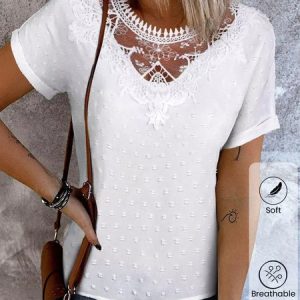 Crew Neck Short Sleeve Plain Lace Regular Loose Shirt For Women, Blouses, color:White|size:XXL, Noracora