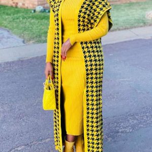 Urban Houndstooth Loose Sweater Cardigan, Cardigans, color:Yellow|size:XXL, Stylewe