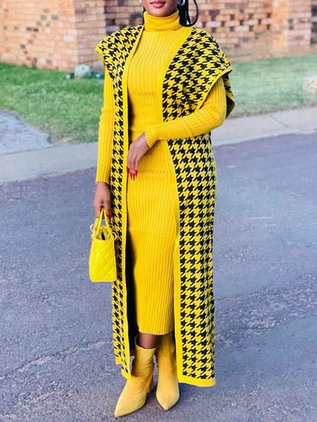 Urban Houndstooth Loose Sweater Cardigan, Cardigans, color:Yellow|size:XXL, Stylewe