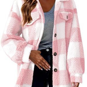 Women's Plaid Fleece Loose Winter Teddy Jacket, Coats, color:Pink|size:5XL, Noracora