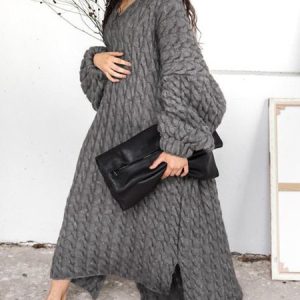 Casual Long Sleeve Plain Sweater Dress, Maxi Dresses, color:Solid Gray|size:XXL, Stylewe
