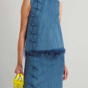 Regular Fit Plain Urban Stand Collar Faux Denim Blouse, Blouses and Shirts, color:Blue|size:XXL, Stylewe