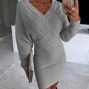 V-Neck Hollow Out Long Sleeve Knit Dress, women Long Sleeves Dresses, ChicMe catalog