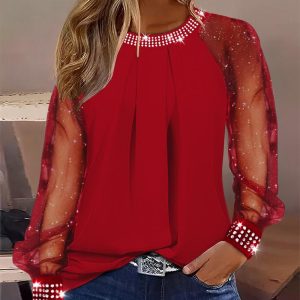 Rhinestone Sheer Mesh Patch Glitter Top, T-shirt & Tees, chicme - Women's Fashion Online