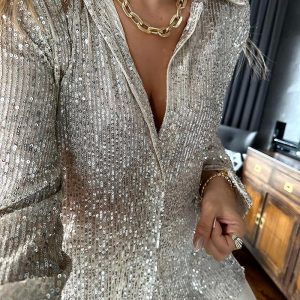 Allover Sequin Buttoned Long Sleeve Top, Blouses & Shirts, chicme - Women's Fashion Online