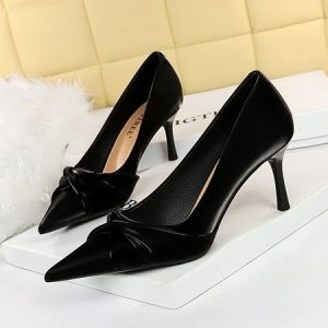 Women Minimalist Knot Front Block Heel Shallow Pumps, Heels, color:Black|size:43, Stylewe