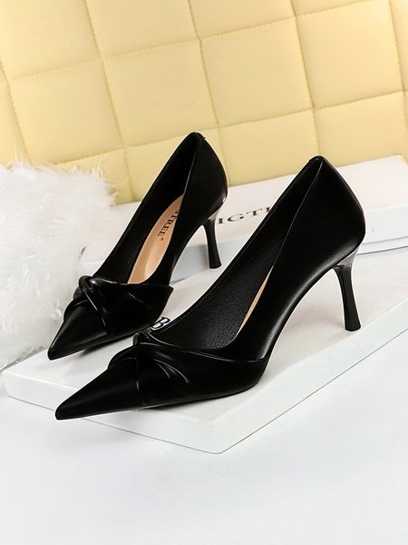 Women Minimalist Knot Front Block Heel Shallow Pumps, Heels, color:Black|size:43, Stylewe