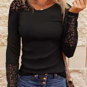 Asymmetrical Long Sleeve Plain Lace Regular Micro-Elasticity Regular Fit Shirt For Women, Blouses, color:Black|size:XXL, Noracora