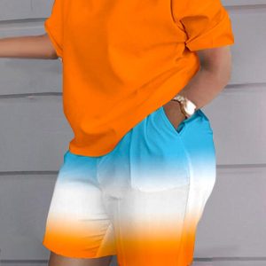 Plus Size Ombre Casual Top & Pocket Design Shorts Set, Two Piece Sets(plus), chicme - Women's Fashion Online