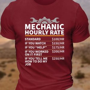 Men's Funny Mechanic Hourly Rate Cotton Casual Letters T-Shirt, T-shirts, Lilicloth.com