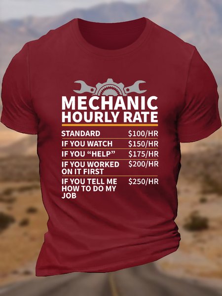 Men's Funny Mechanic Hourly Rate Cotton Casual Letters T-Shirt, T-shirts, Lilicloth.com