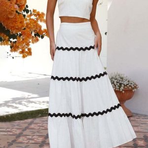 Women Color Block Spaghetti Gallus Comfy Casual Top With Skirt Two-Piece Set, Sets, color:White|size:XL, Noracora