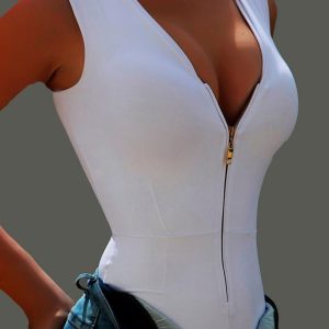 Zip Front V-Neck Sleeveless Bodysuit, Bodysuit, chicme - Women's Fashion Online