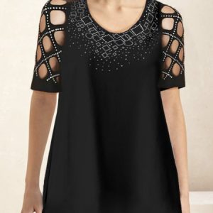 Women Casual Plain  Hollow Out Crew Neck Short Sleeve T-shirt, T-shirts, color:Black|size:XXL, Noracora