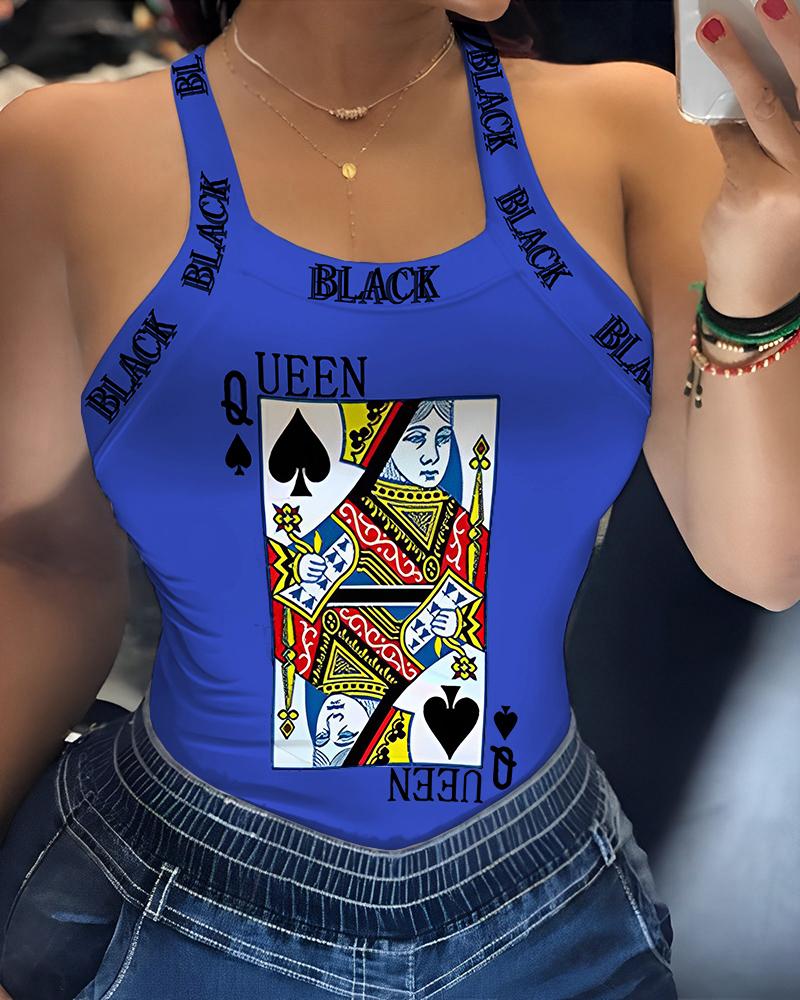 Letter Poker Print Sleeveless Bowknot Decor Top, Tanks & Crop Tops, chicme - Women's Fashion Online