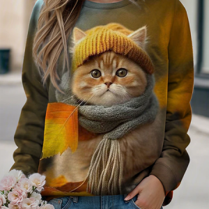 Crew Neck Cat Casual Sweatshirt, Hoodies&Sweatshirts, Lilicloth.com