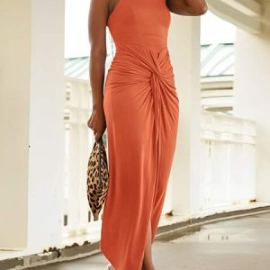 Crew Neck Regular Fit Urban Ruched Knot Front Dress, Maxi Dresses, color:As Picture|size:XXL, Stylewe