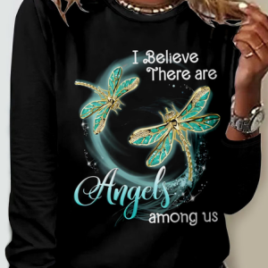 I Believe There Are Angel Dragonfly Casual Crew Neck Regular Fit Long Sleeve Shirt, Long sleeves, Lilicloth.com