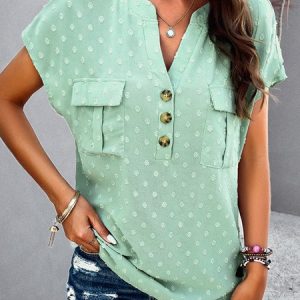 V Neck Short Sleeve Plain Buckle Regular Loose Shirt For Women, Blouses, color:Green|size:XL, Noracora